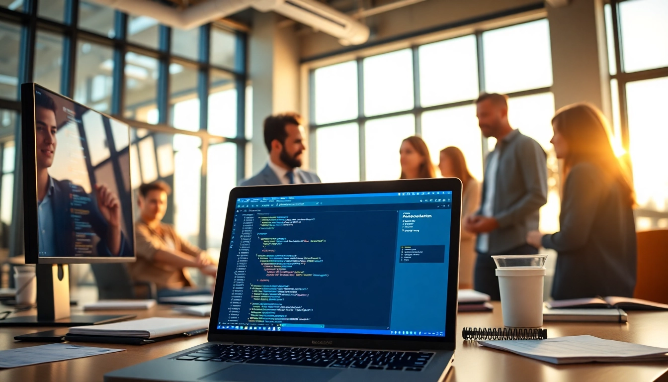 Showcase of a test automation tool in action, with engineers collaborating in a bright office space.