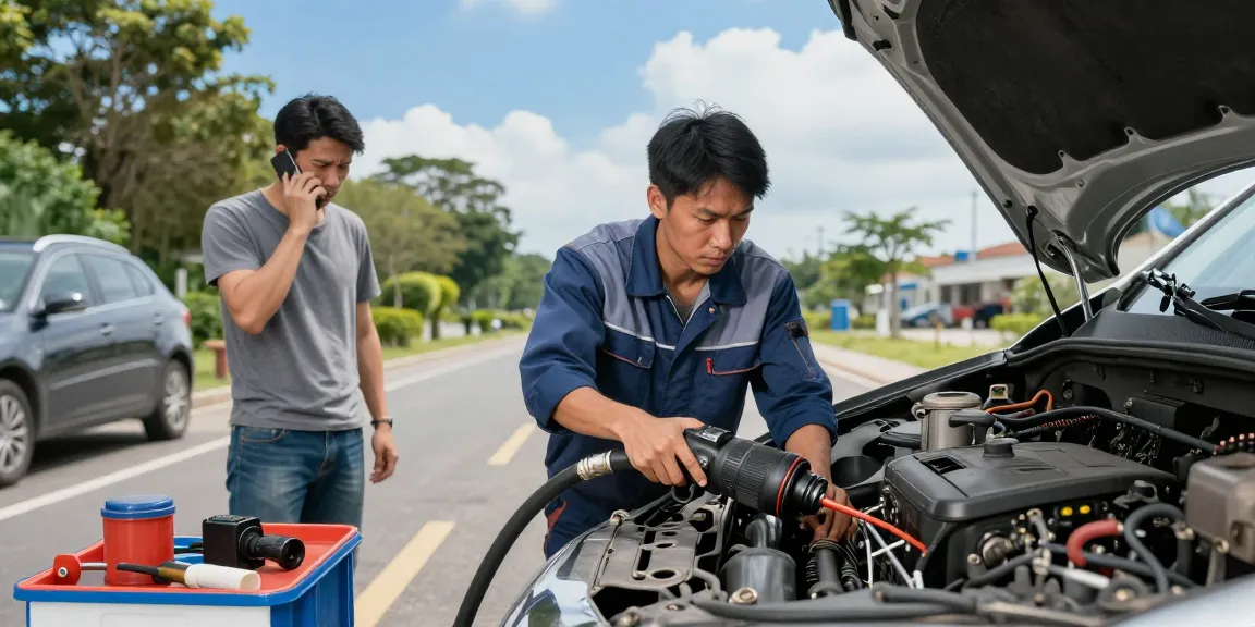 Technician addressing wrong fuel in car, safely draining contaminated fuel on the roadside.