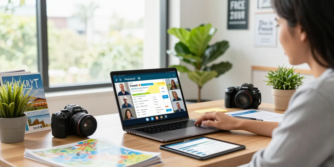 Travel agent software in action: advisor collaborating with colleagues on vibrant itineraries.