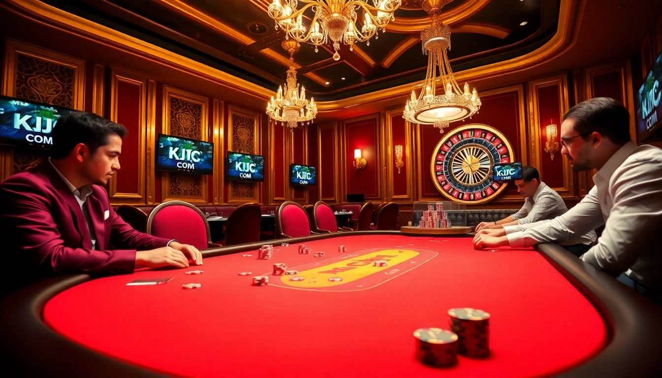 Engaging poker players at a luxurious casino showcasing KJC COM branding with vibrant elements.