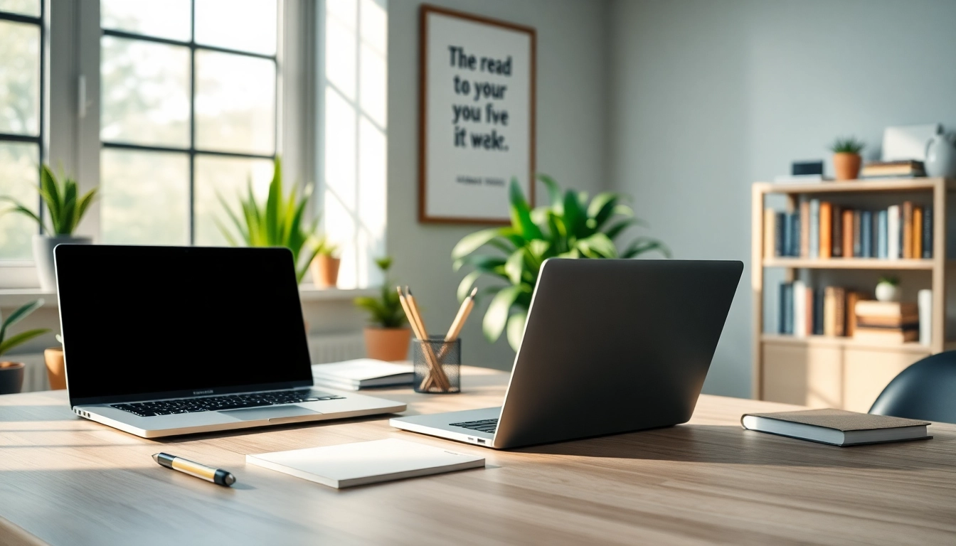 Creëer een georganiseerde werkplek met een laptop en notitieboek voor https://www.stofnodig.nl