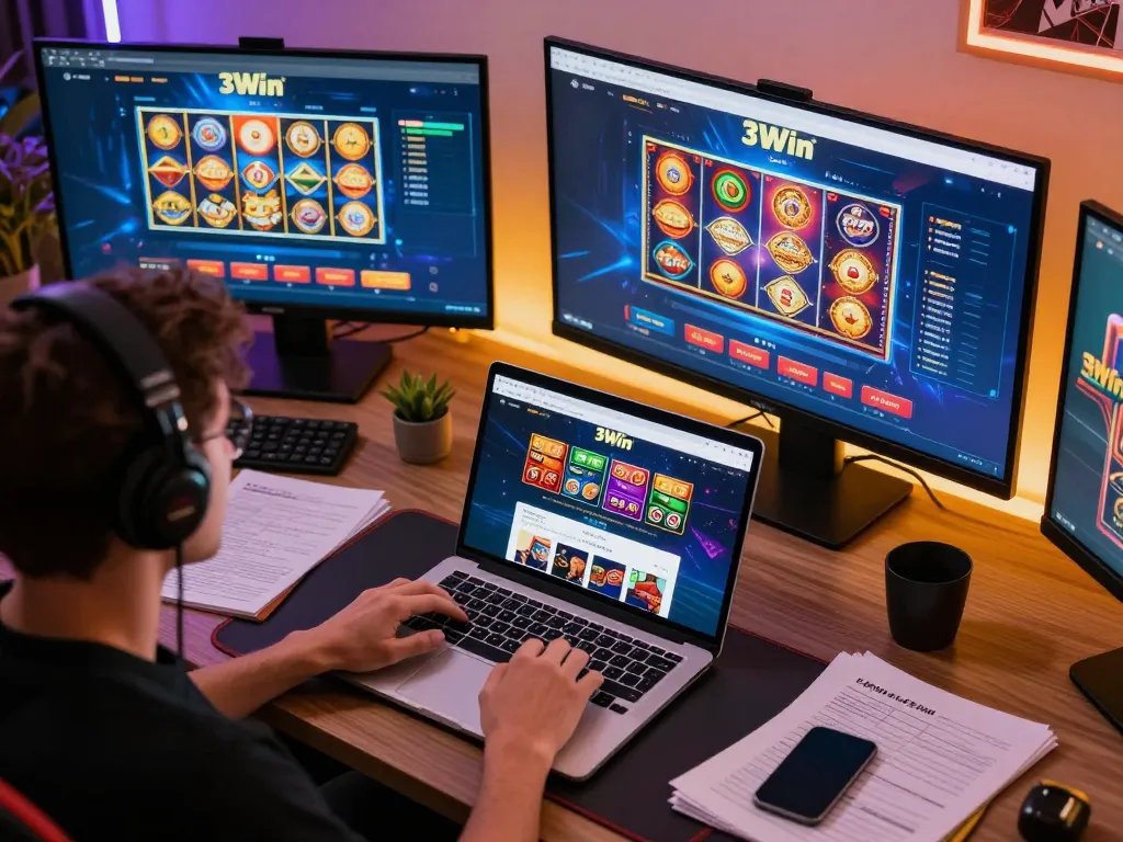 Active player using 3Win casino interface on multiple screens while analyzing strategy for optimal gameplay.