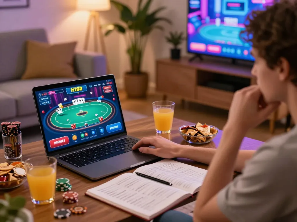 Player engaged with N188 com online poker game in a cozy home setting, emphasizing responsible gaming