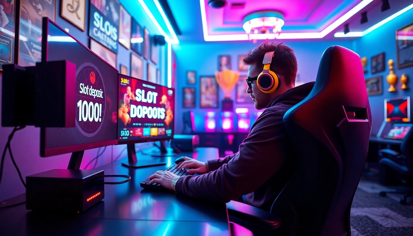 Permainan slot deposit 1000 menampilkan gamer profesional di ruang permainan modern.