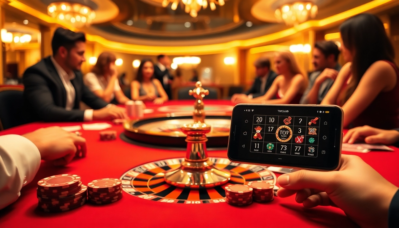 Players enjoying a thrilling game at https://topclub.site/ casino, featuring vibrant poker chips and cards.