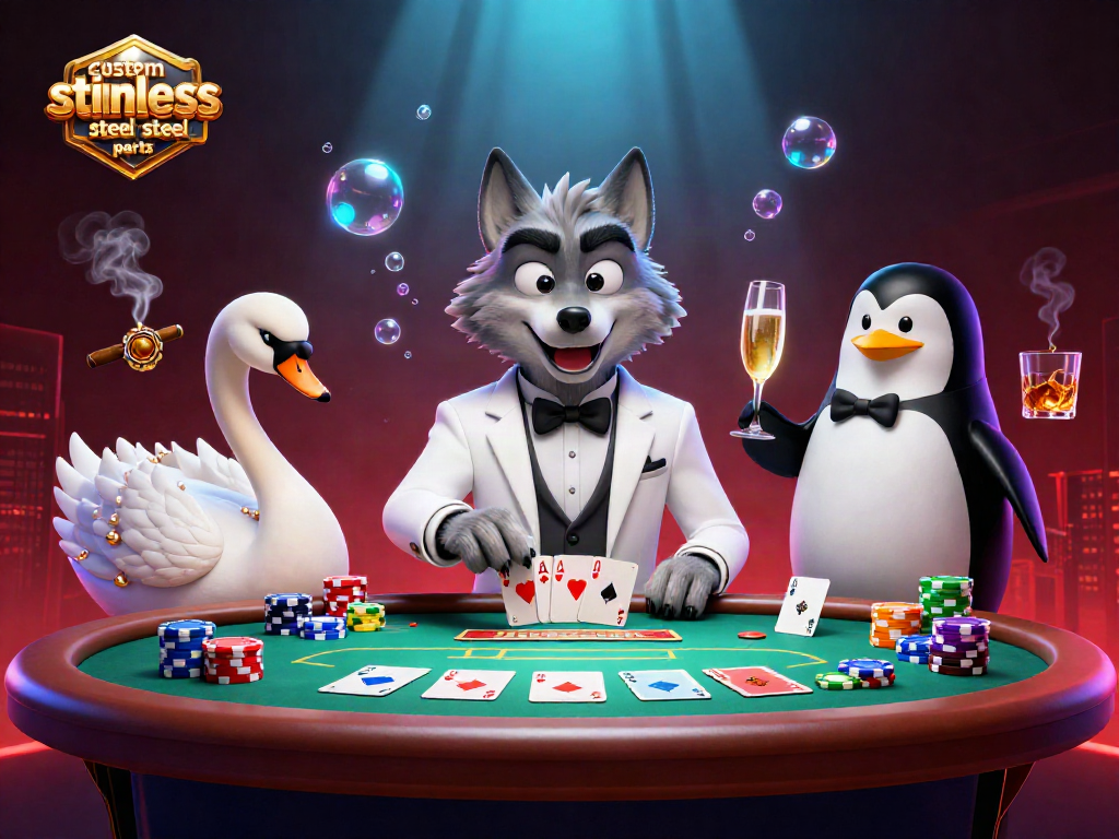Engaging scene of 3D cartoon characters featuring custom stainless steel parts in a high-stakes baccarat game.