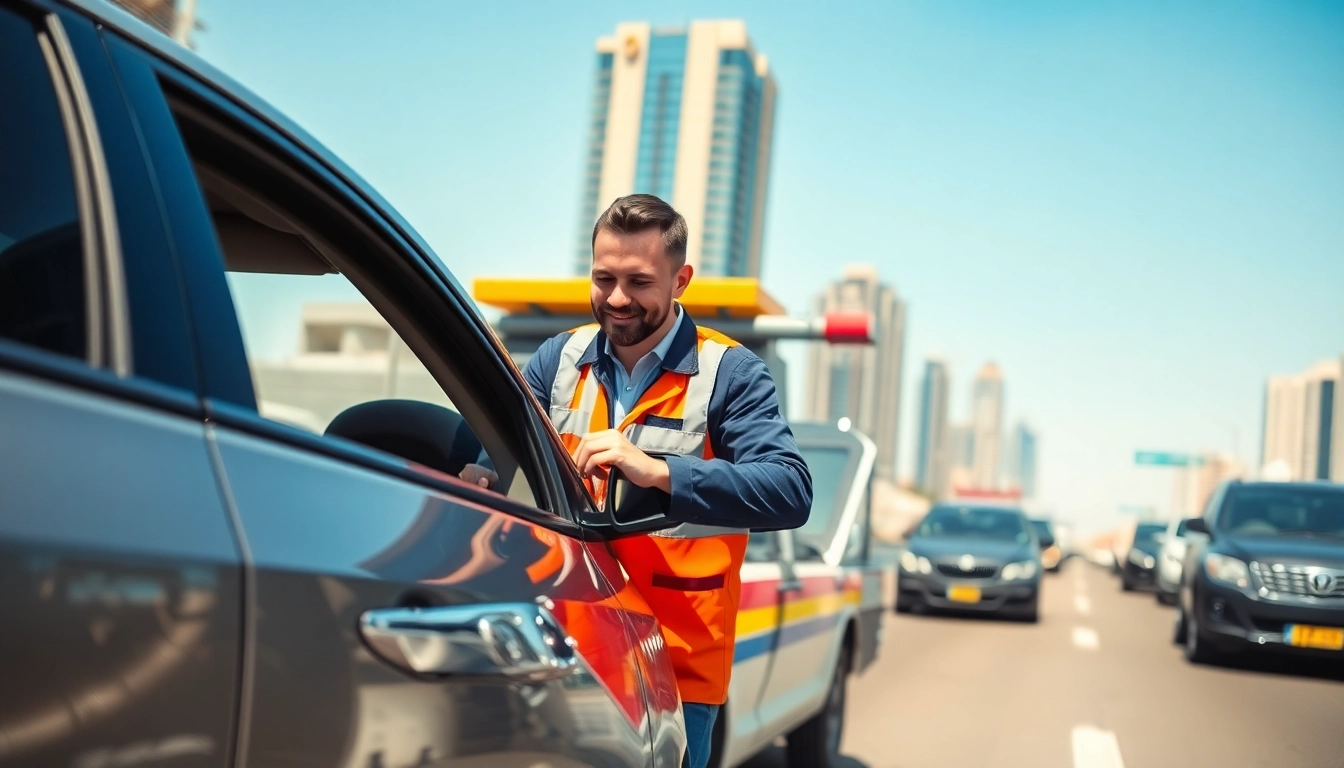 Assist with car recovery at https://trtrecoveryuae.com in busy Dubai city streets.
