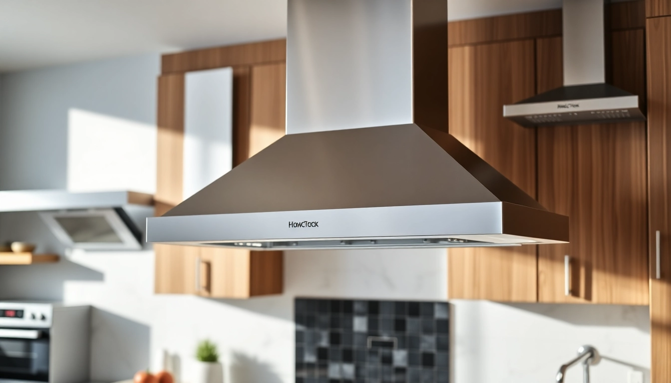 Showcase of hoods in a modern kitchen setting with sleek stainless steel and warm wooden tones.