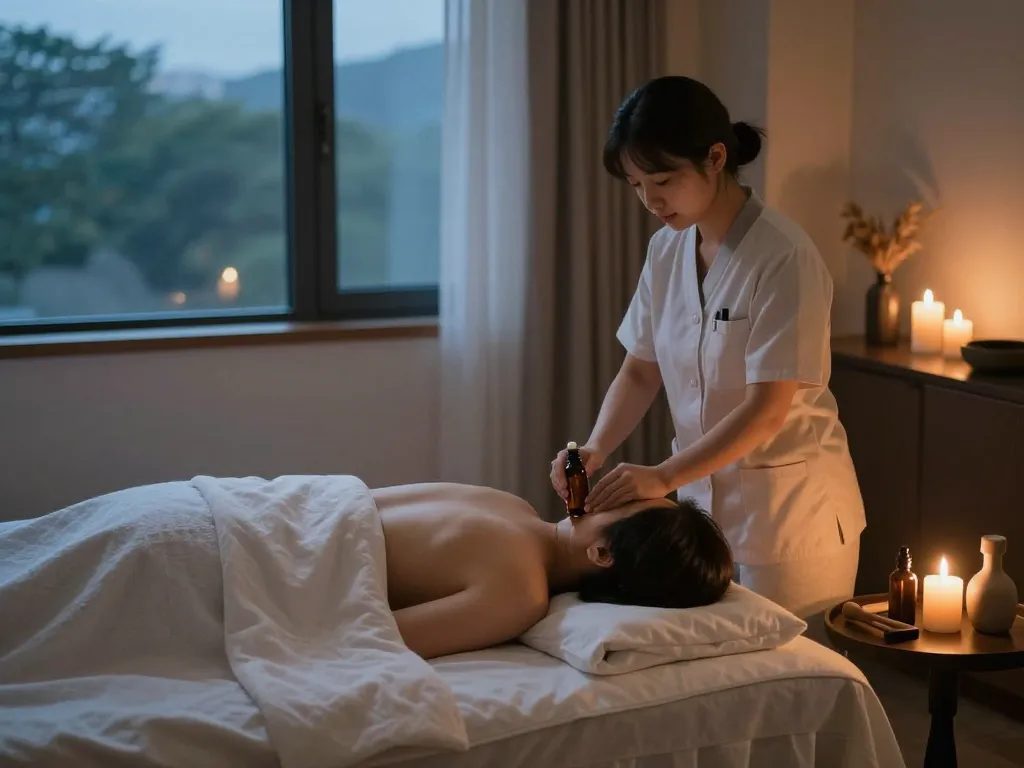 Relaxing scene of 인천 출장마사지 in hotel room, featuring a therapist and soothing ambiance.