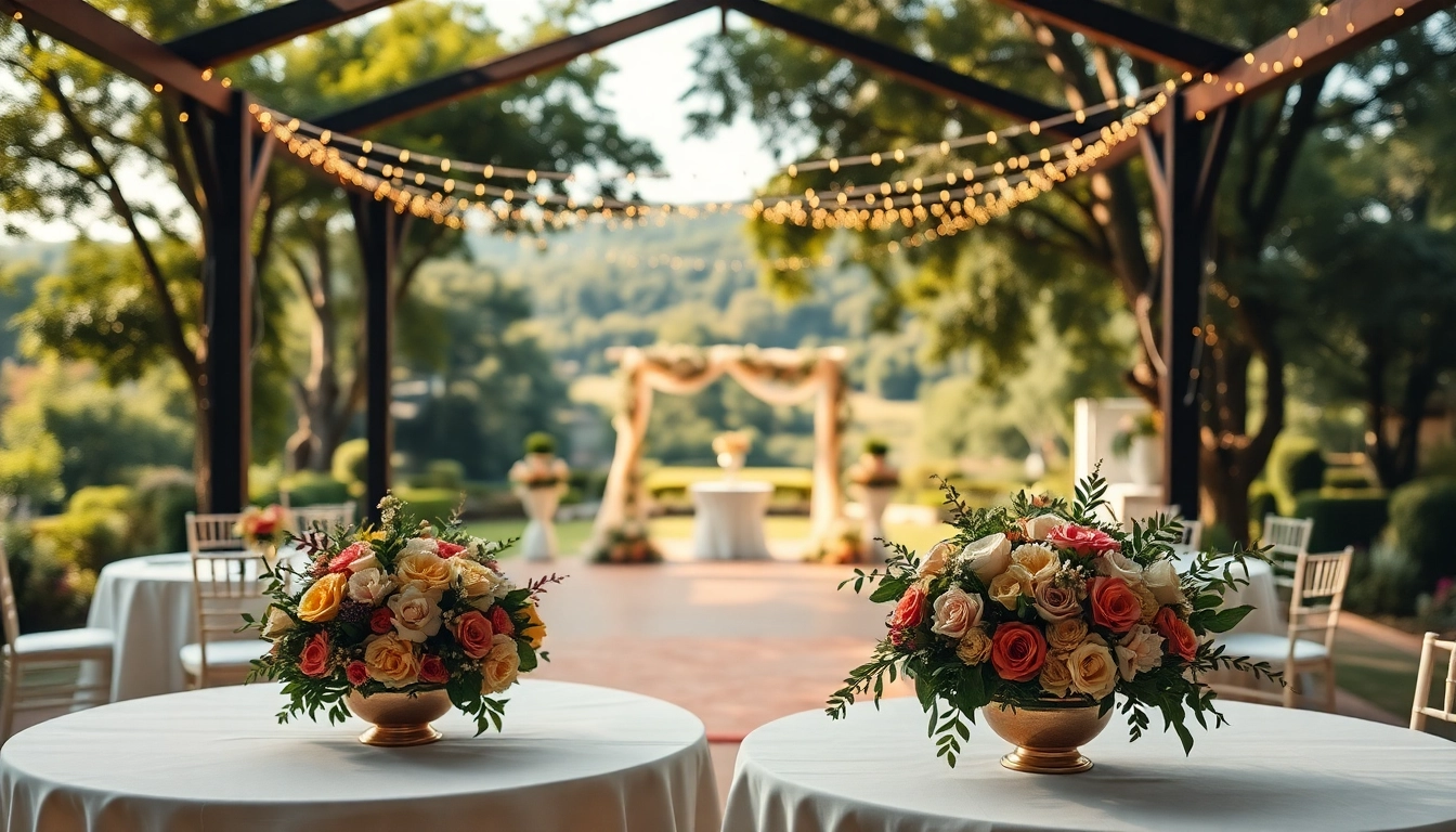 Hochzeitslocation mit malerischer Gartenlandschaft und eleganten Dekorationen für den besonderen Tag