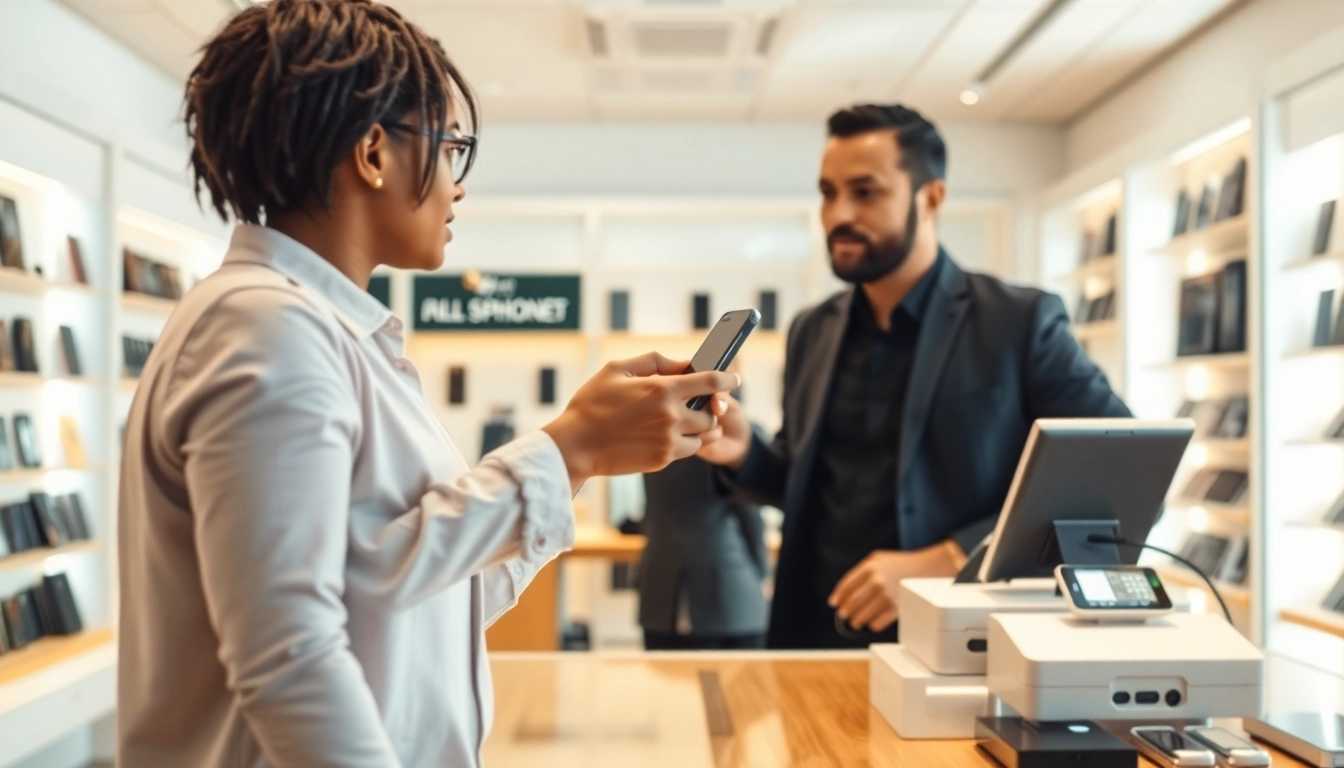 Sell old phone for cash transaction featuring a customer and representative.