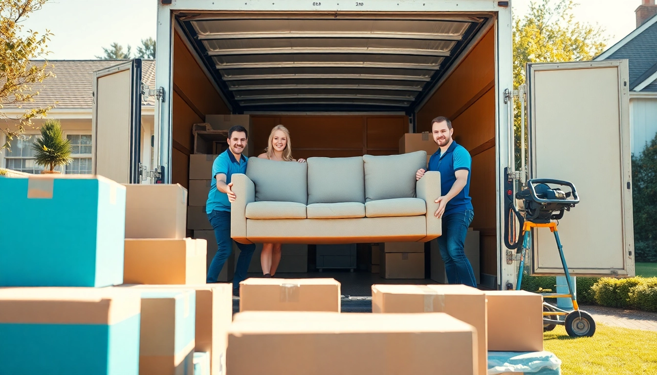 House removal companies team efficiently moving items into a truck in a sunny suburban setting.