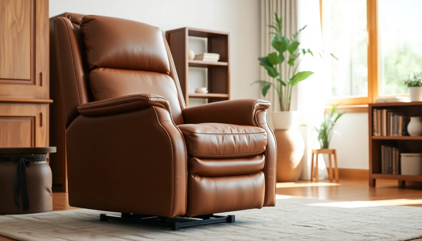 A leather lift recliner chair showcasing elegant design and comfort in a cozy indoor setting.