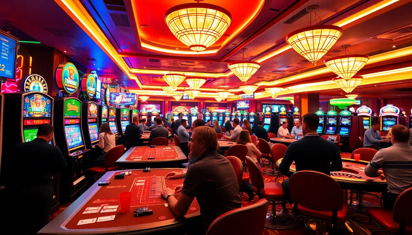 Permainan yyrr yang intens di kasino, menunjukkan pemain di meja poker dan cahaya neon yang cerah.