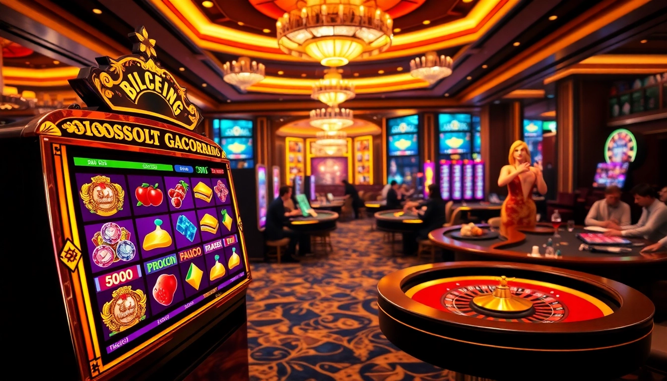 SLOT GACOR themed casino scene with vibrant slot machines and excited players.