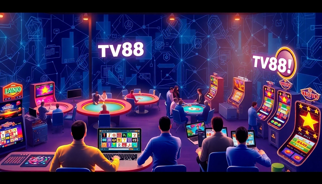 TV88 immersive online gaming interface with diverse players enjoying secure table and slot games.