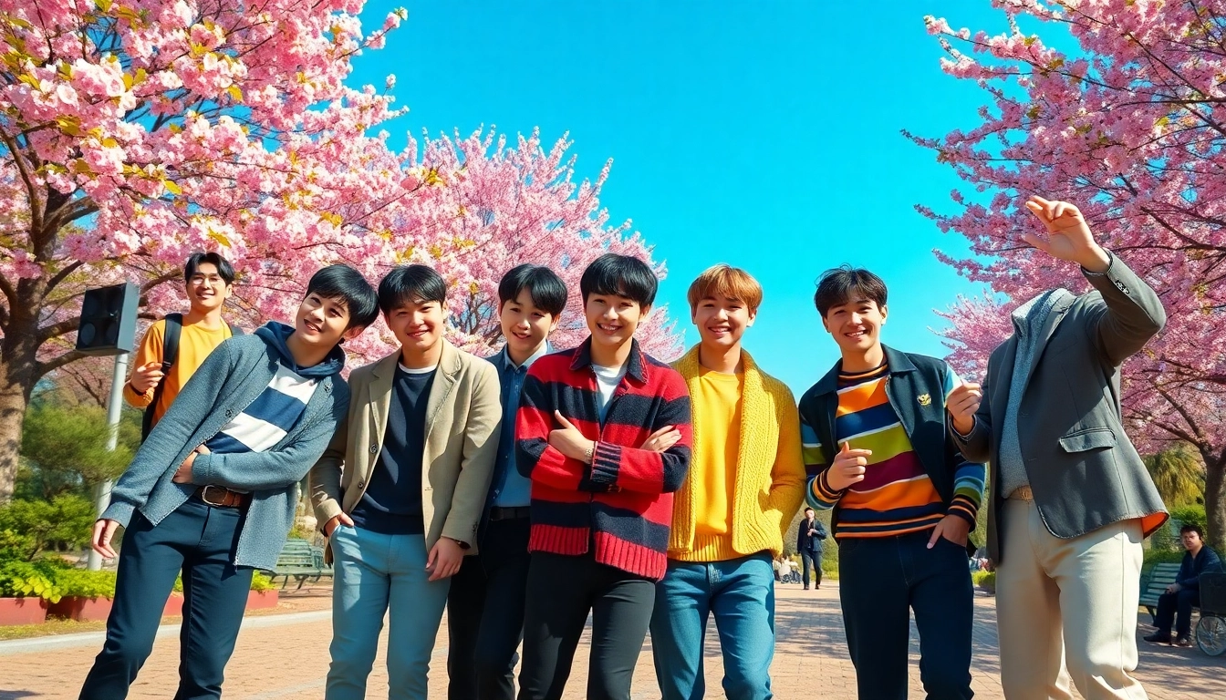 BTS members showcasing their unique personalities in a vibrant park setting.