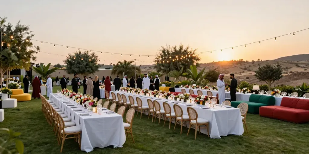 Event furniture rental showcase at an elegant outdoor gathering with stylish furnishings in a beautiful Saudi Arabian setting.