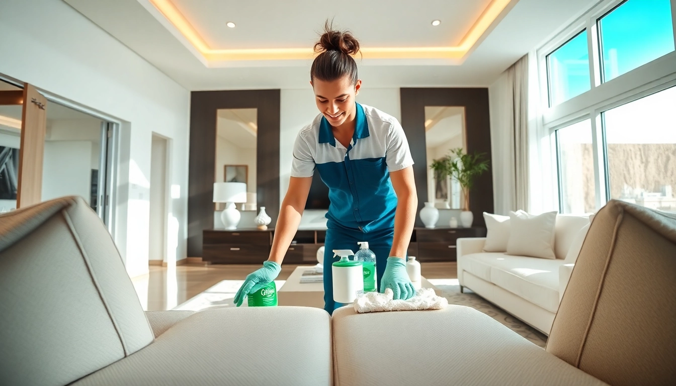 Transform your space with Villa Deep Cleaning Services Dubai, showcasing a professional cleaner in a bright living room.
