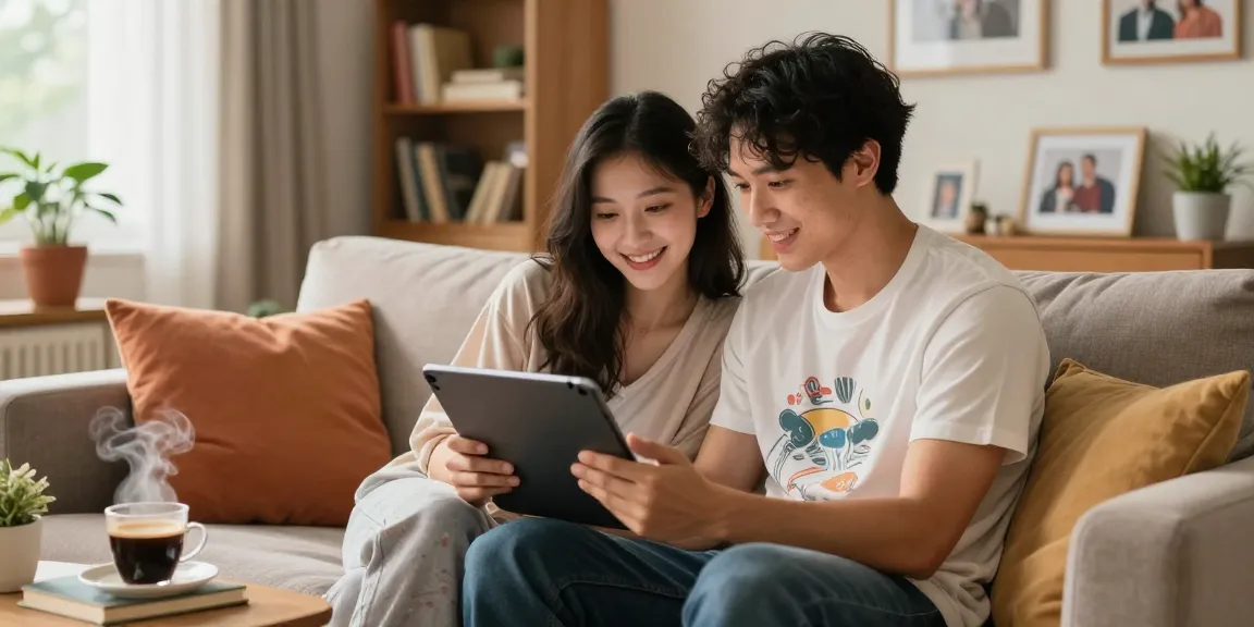 Couple engaging with a girlfriend AI in a cozy living room setting.