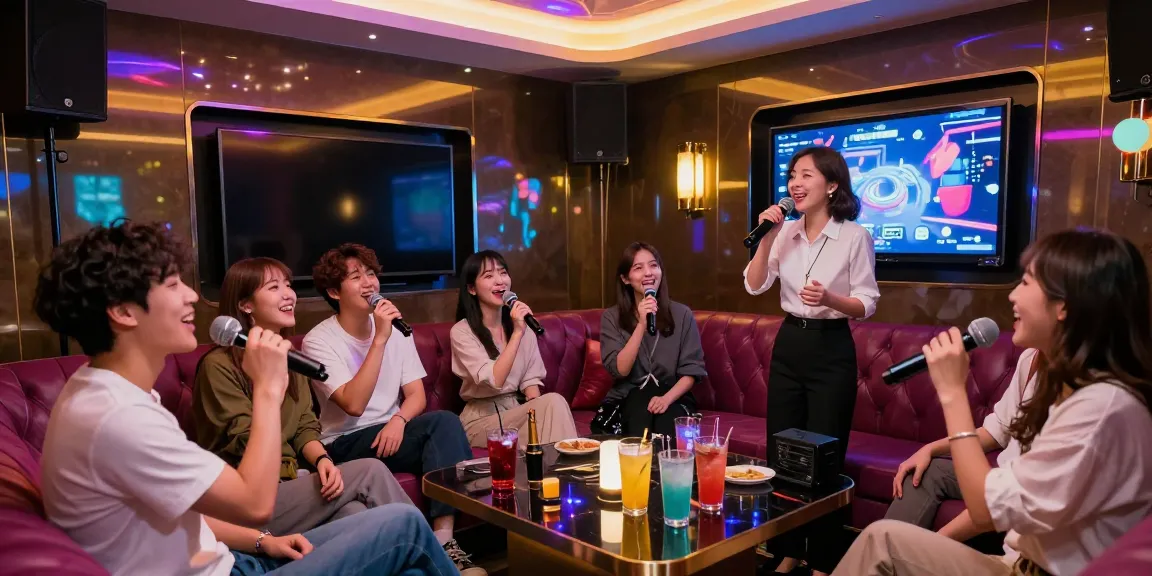 강남가라오케에서 친구들과 함께 노래를 부르는 생동감 넘치는 모습