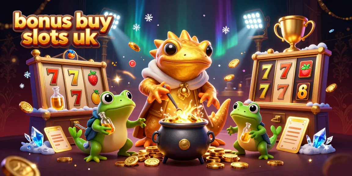 Experience the excitement of bonus buy slots UK with a whimsical 3D scene showcasing a golden salamander alchemist and dynamic slot elements.
