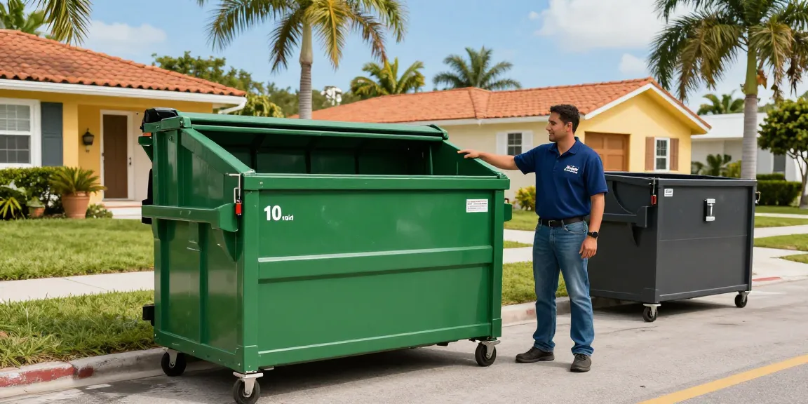 Reliable dumpster rental in Miami FL with professional technician and roll-off dumpsters in a vibrant neighborhood.