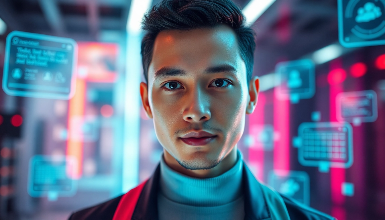 Engaging digital lifelike live avatar interacting in a vibrant virtual space.