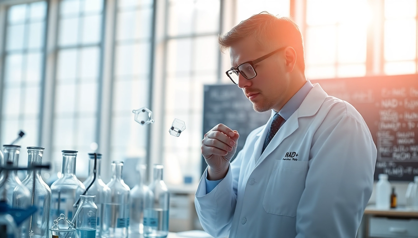 NAD+ molecules examined in a bright lab setting by a professional scientist.