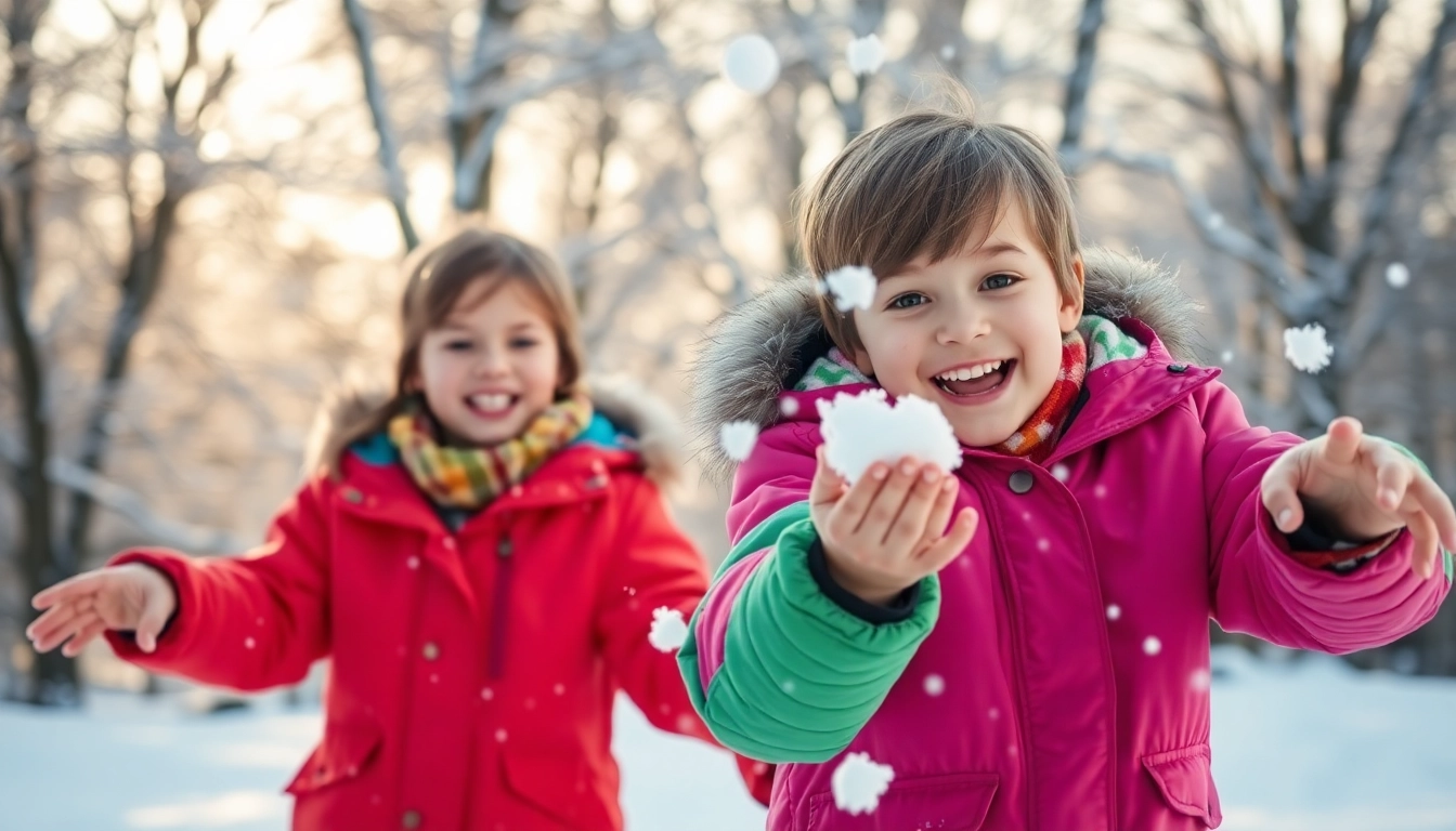 Kids in vibrant best kids winter jackets enjoying a snowball fight in a park.