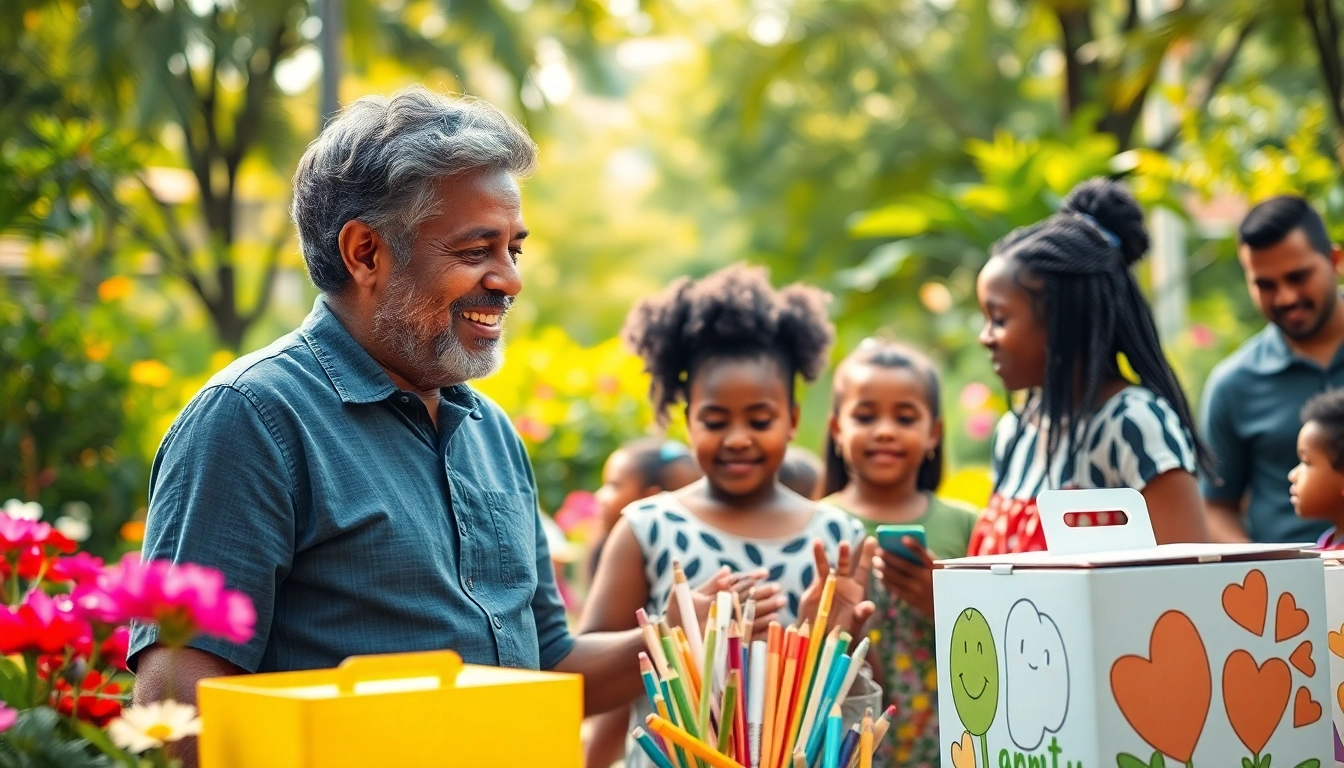 Philanthropist actively engaging with the community in a vibrant park setting, smiling and collaborating.