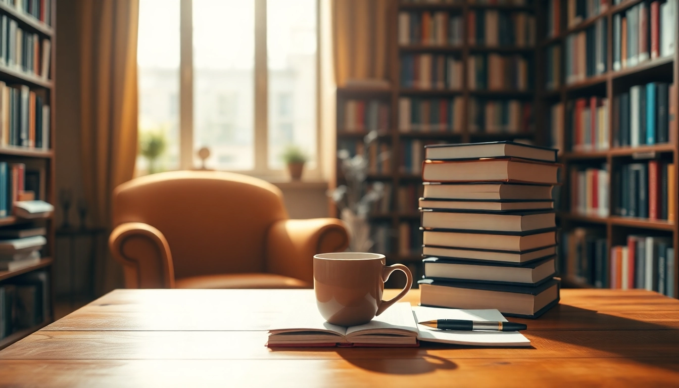 Engaging workspace showcasing https://csduncanbooks.com creative writing atmosphere with books and coffee.