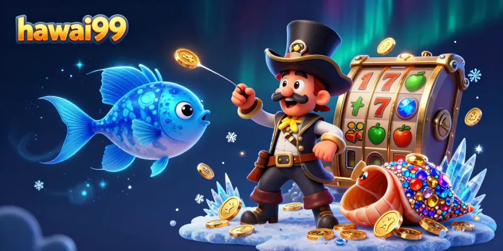 Win big with hawai99 in this vibrant, dynamic casino scene featuring a winning anglerfish and friends.