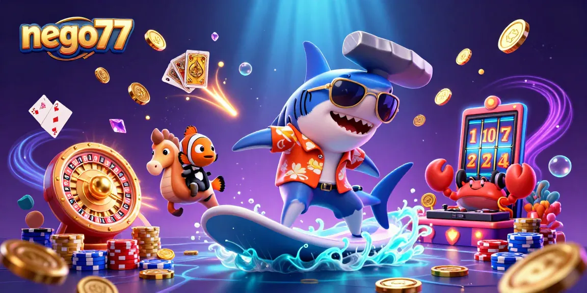 Nego77 offers an engaging gambling experience with vibrant characters surfing on gold coins, showcasing casino elements.