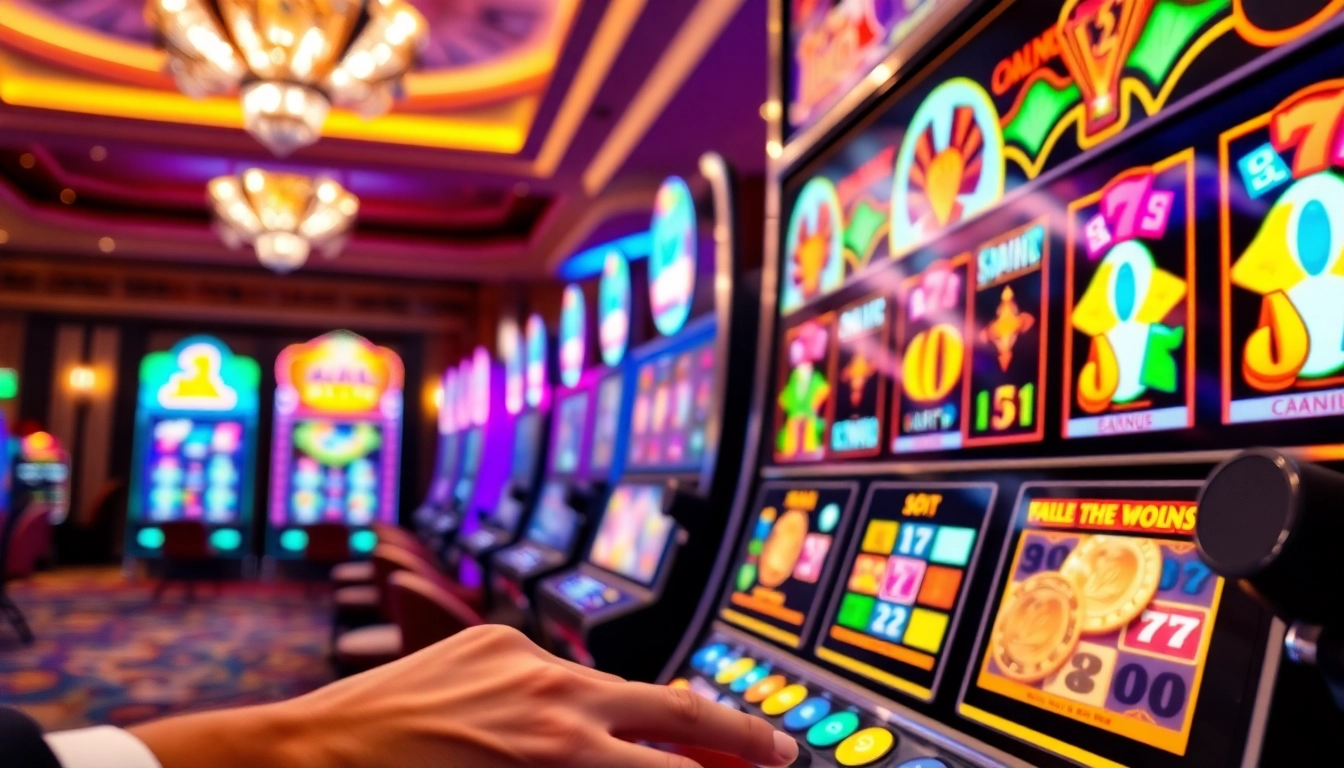 Slot machines yang berkilauan di kasino, menampilkan grafis menarik dan suasana ramai.