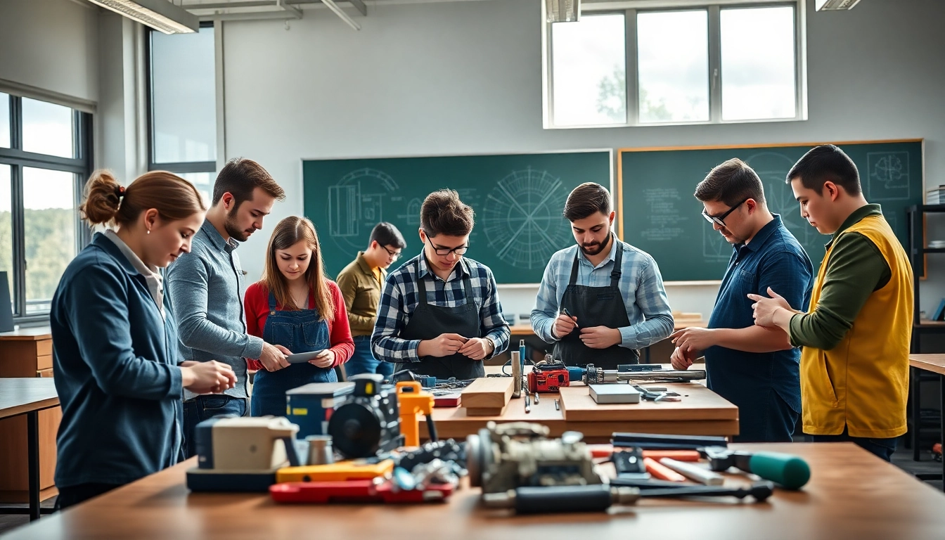 Students actively participating in a trade school workshop, showcasing hands-on skills.
