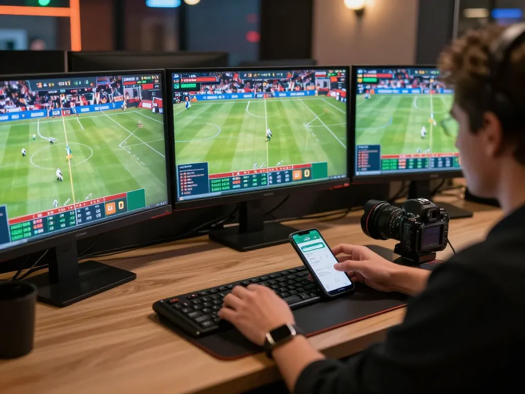 Engaging sports betting session on g28 com app with multiple monitors showing live games
