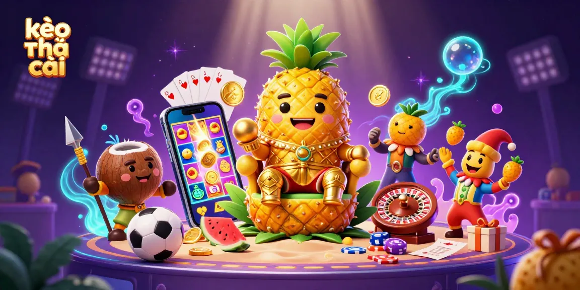 Engage with kèo nhà cái featuring a golden pineapple king and sports betting elements in a vibrant 3D casino scene.