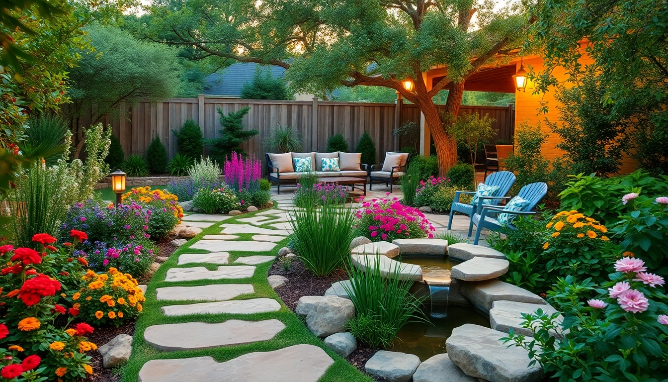 Stunning landscape design in San Antonio, TX featuring a vibrant garden and relaxing seating area.