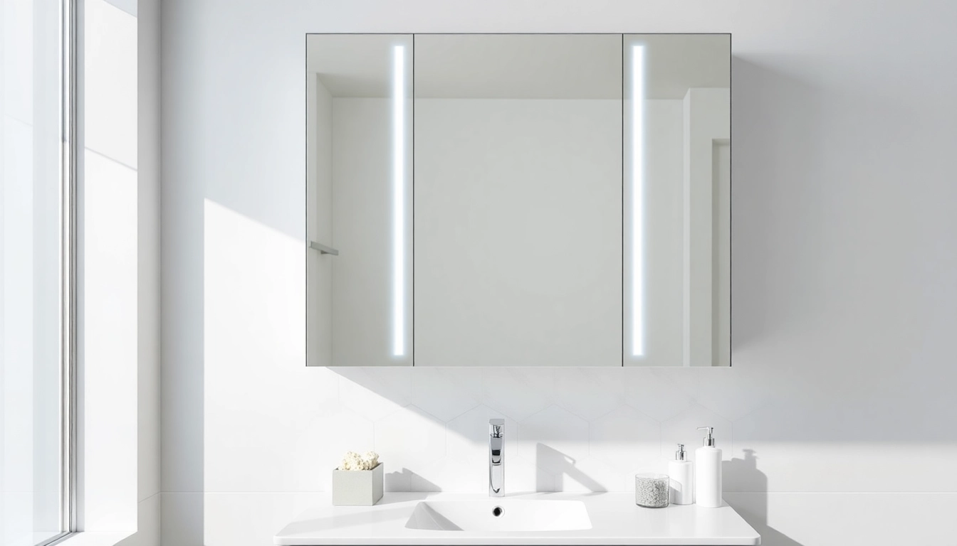 Spiegelschrank mit LED Beleuchtung im modernen Badezimmer mit eleganter Anordnung und Beleuchtung.