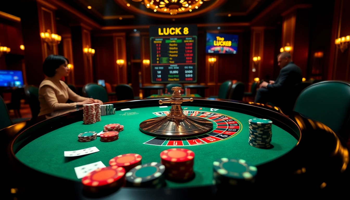 LUCK8 players enjoying a thrilling game at a roulette table with vibrant chips and cards.
