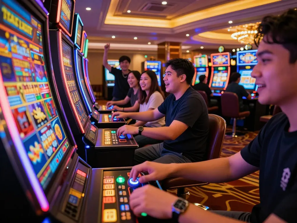 Engaged players at slot machines celebrating a win in a vibrant casino setting showcasing slot server jepang excitement