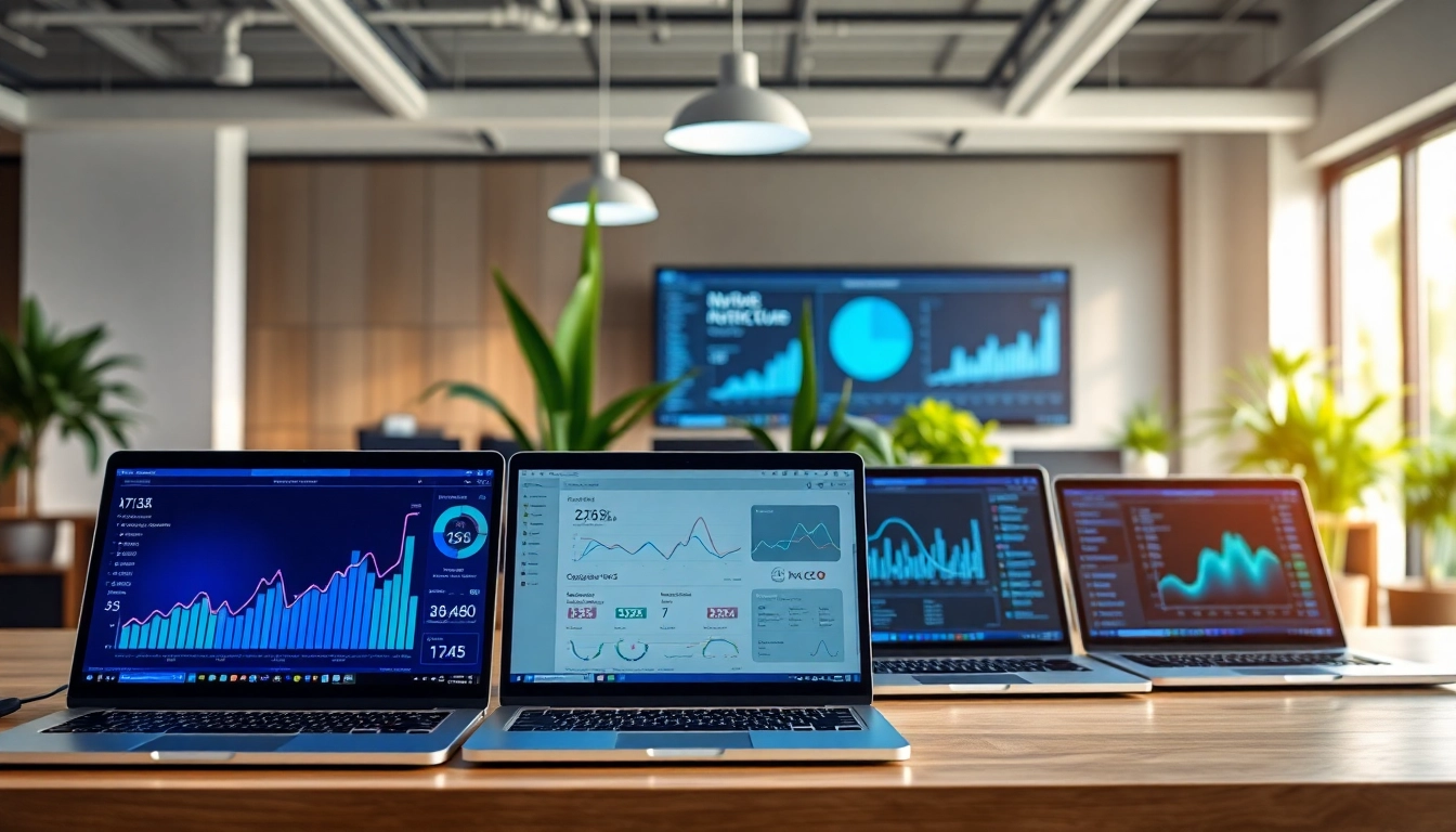 Showcase diverse ai tools in a modern workspace with sleek digital interfaces.
