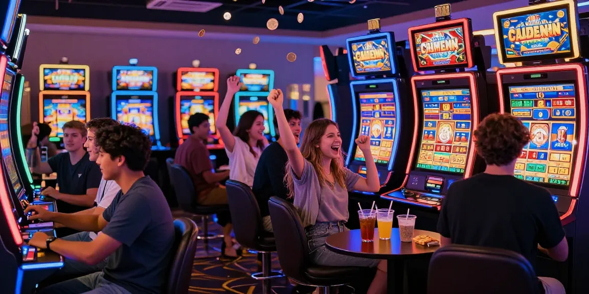 Friends celebrating a win at slot machines in a vibrant casino atmosphere.