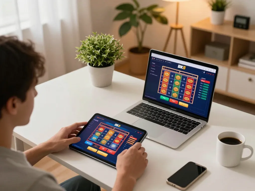 Player engaged in BK8 online casino on tablet, vibrant gaming interface visible.