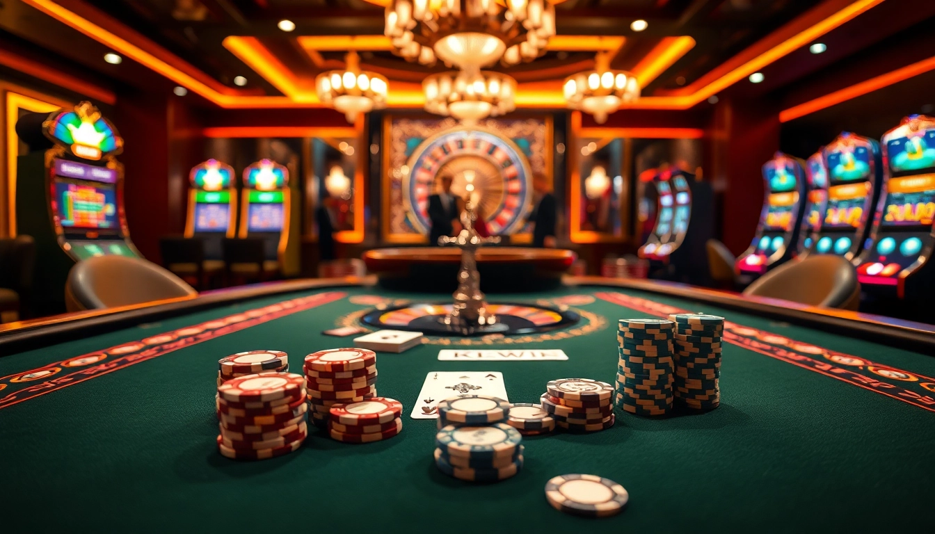 Dynamic gambling scene showcasing Nhà cái KKWIN with poker chips, cards, and a roulette wheel.