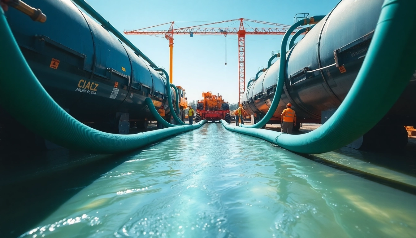 Executing industrial water transfer services with specialized equipment at a bustling construction site.