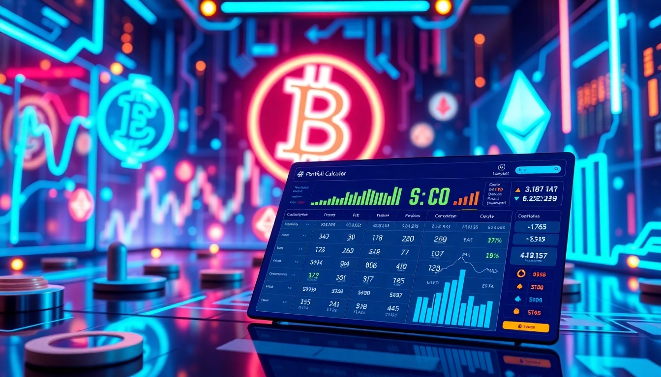 Calculator for cryptocurrency portfolio analysis with blockchain visuals and trading graphs.