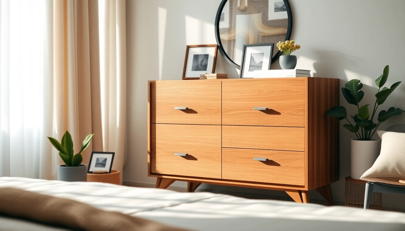 Stylish chest of drawers enhancing the cozy bedroom decor with decorative elements.