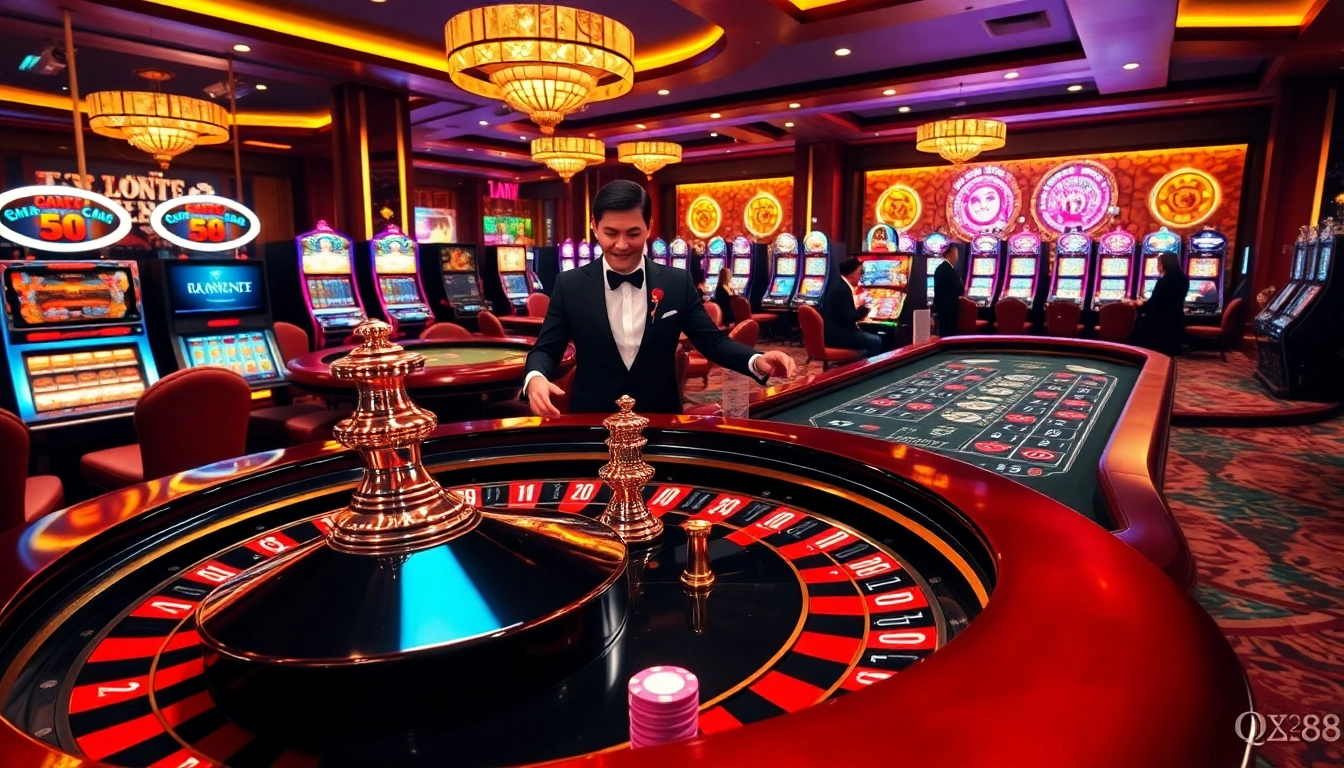 Engage in thrilling gameplay at Trang Chủ QQ88 with vibrant casino tables and exciting slot machines.